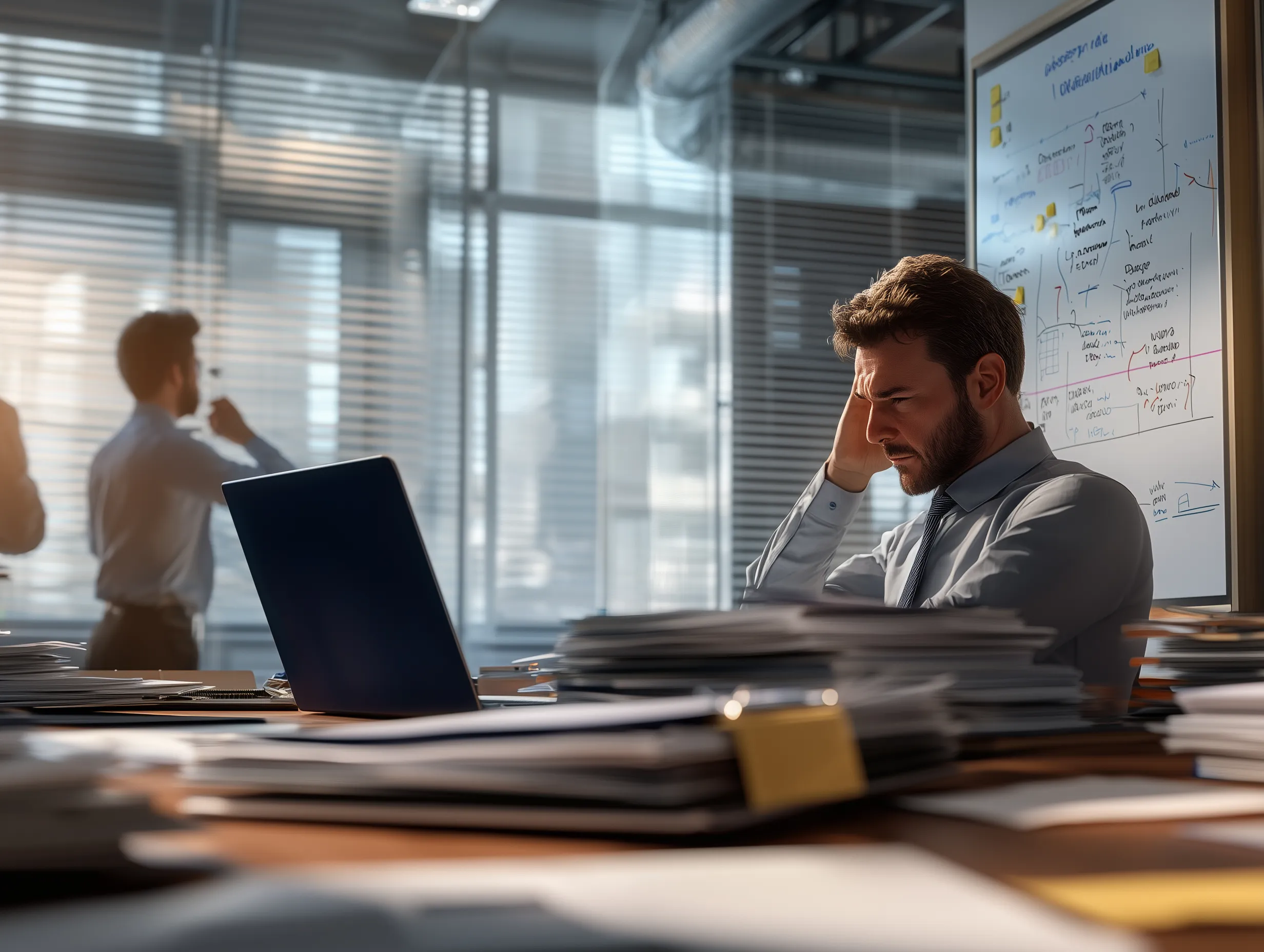 Ein Mitarbeiter eines Unternehmens verzweifelt über den Vorgaben der NIS2-Richtlinie weil er keine ISMS-Software nutzt