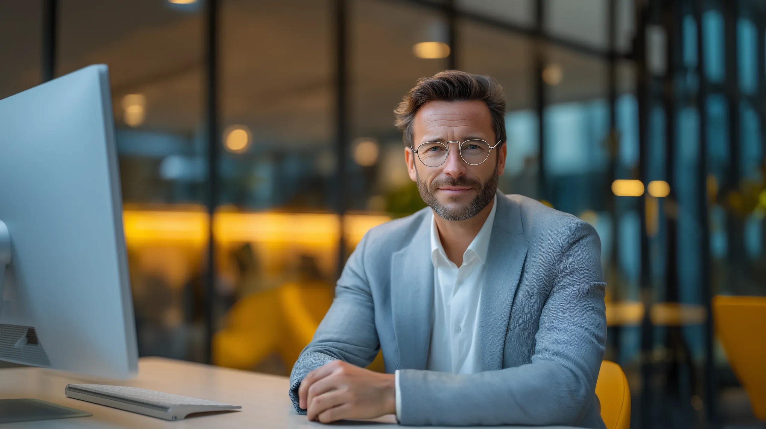 Ein Berater der Kanzlei activeMind.legal Rechtsanwälte sitzt vor seinem Computer auf dem er mittels SaaS-Lösung das Compliance-Management-System eines Unternehmens optimiert