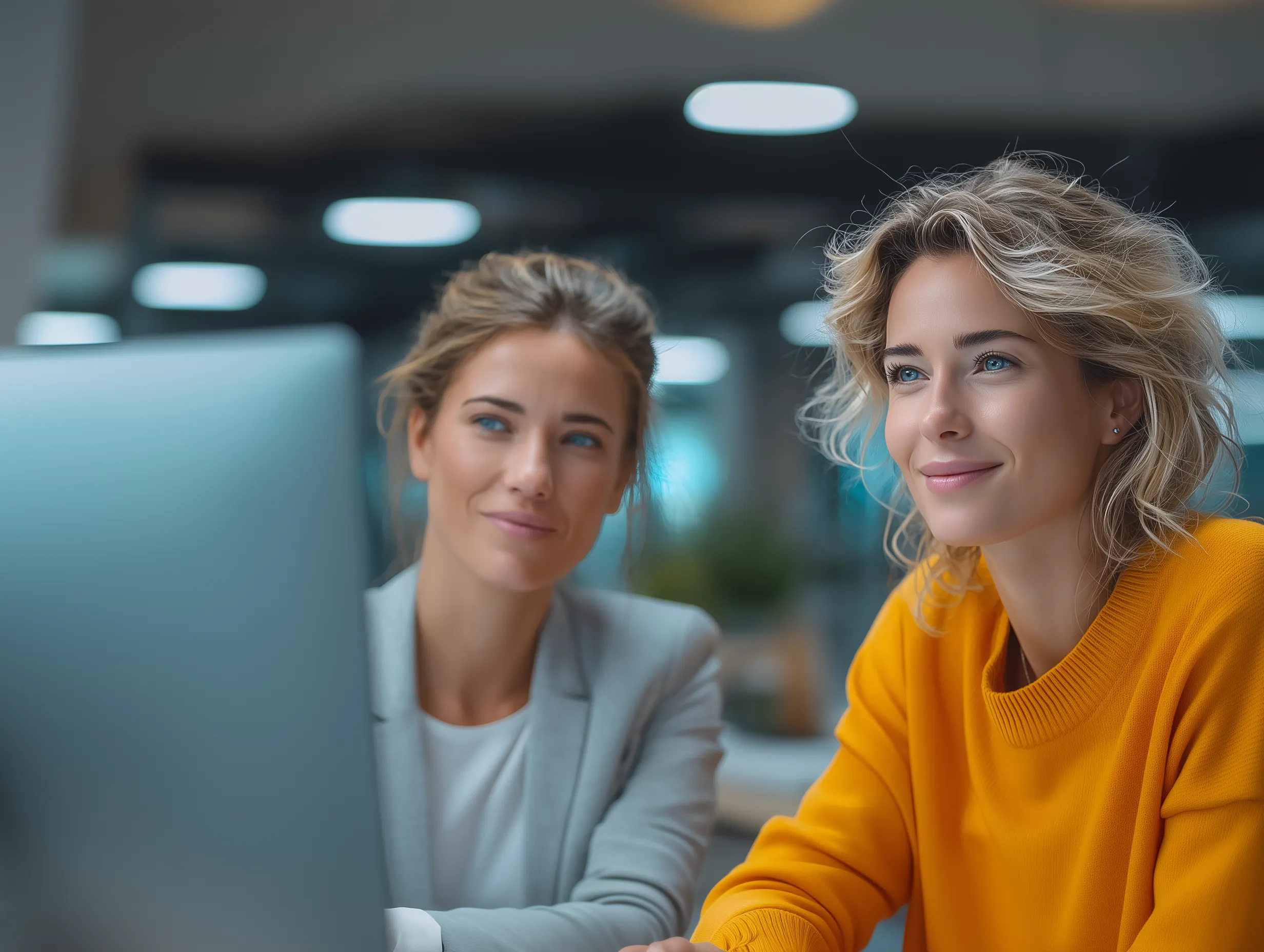 Zwei Mitarbeiterinnen eines Unternehmens bearbeiten mit der Compliance-Software von activeMind.cloud die Verpflichtungen denen ihr Unternehmen unterliegt